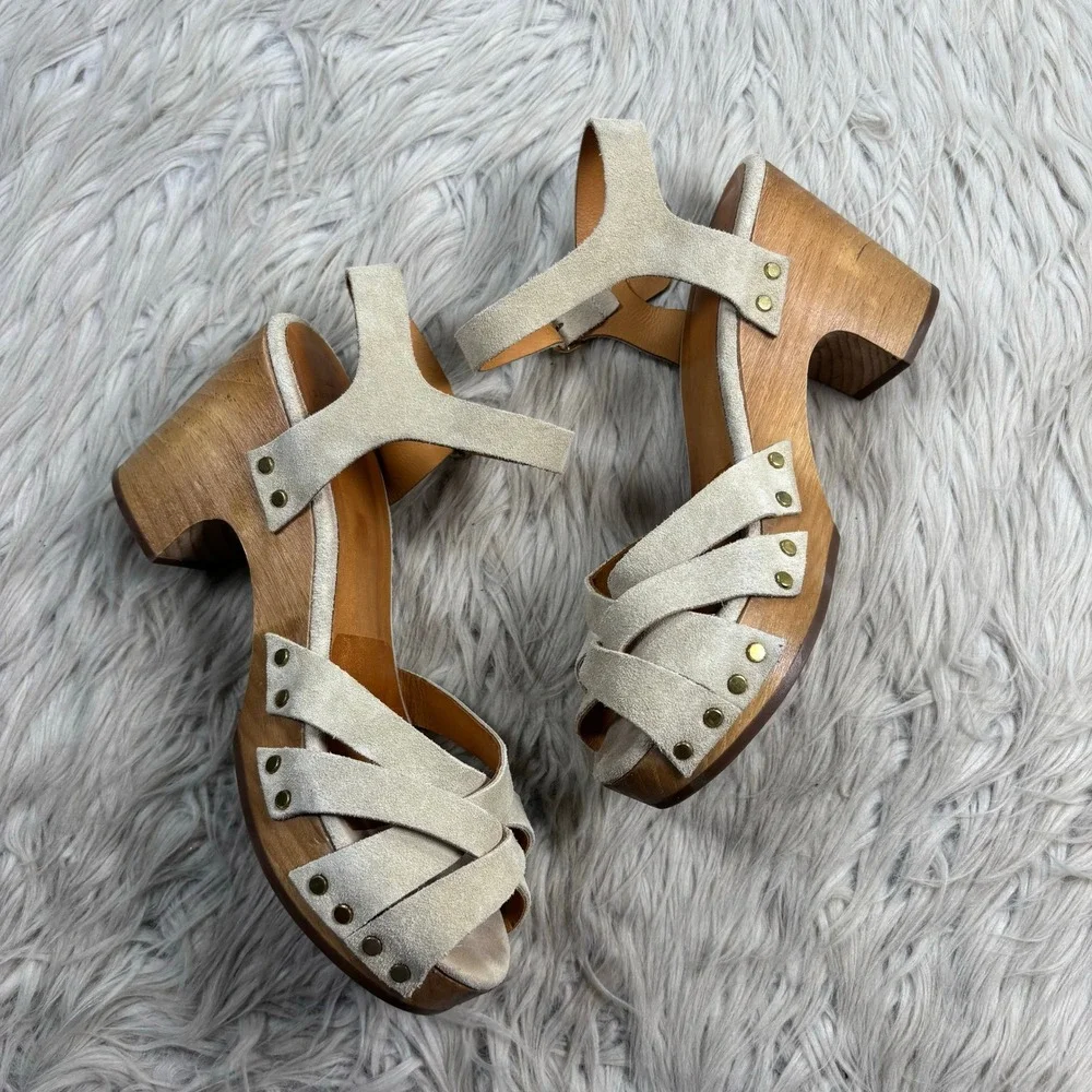 Sezane Women's 39 US 8 Ivory Khaki Suede Strappy Isabelle Clog Sandals Scandi